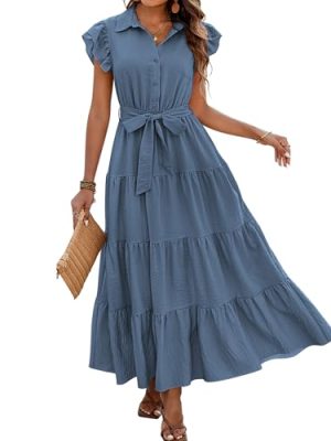 Women's Summer Casual Dresses 2025 Cap Ruffle Sleeve V Neck Button Belted Tiered Boho Maxi Dress with Pockets