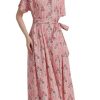 Womens Summer Floral Maxi Dress Short Sleeve V Neck Button Belt Casual Long Flowy Shirt Dress