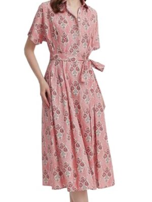 Womens Summer Floral Maxi Dress Short Sleeve V Neck Button Belt Casual Long Flowy Shirt Dress