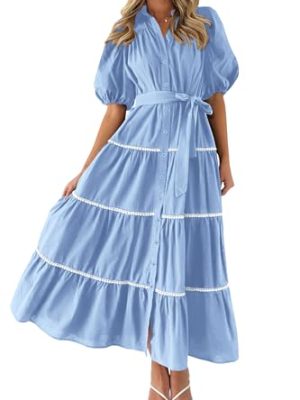 Women's Summer Button Down Shirt Dress Short Puffy Sleeve Tiered Ruffle Flowy Long Maxi Dresses
