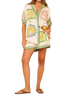 Women's Summer Casual 2 Piece Outfit,Printed Short Sleeve Shirt & Shorts Lounge Set with Elastic Waist and Pocket