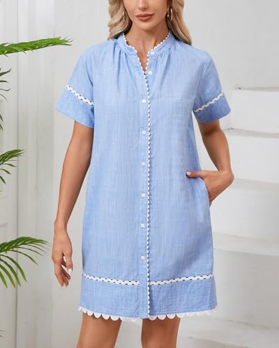Women's Short Sleeve Summer Shirt Dress Button Down Belted Tunic Mini Dresses RIC Rac Trim Sundress with Pockets