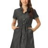 Women's Jean Dress Short Sleeve Tie Waist Casual Button Down Shirt Denim Dresses