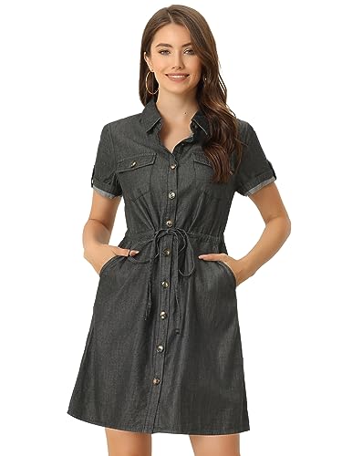 Women's Jean Dress Short Sleeve Tie Waist Casual Button Down Shirt Denim Dresses