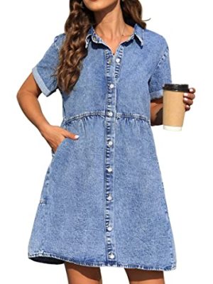 Denim Dress for Women with Pockets Short Sleeve Babydoll Denim Shirt Dresses for Women 2025