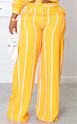 Women's Casual Two Piece Outfits Striped Long Sleeve Collar Button Down Shirt Blouse High Waist Wide Leg Pants Sets