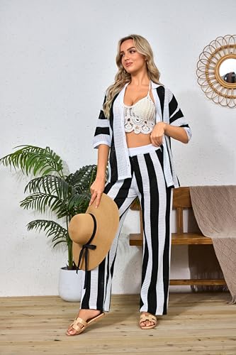 Women's Summer Knit Color Block Two Piece Outfits Button Down Short Sleeved Hollow Out Shirts Long Pants beach Set