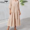 Women Flowy Maxi Shirt Dress Casual Button Down V Neck Ruffled Beach Long Dresses with Pockets
