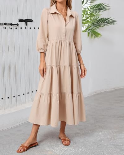 Women Flowy Maxi Shirt Dress Casual Button Down V Neck Ruffled Beach Long Dresses with Pockets