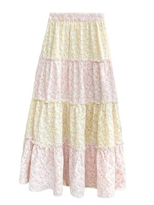 Women's Plaid Print Tiered Layer A Line Ruffle Hem Loose Fit Casual Long Maxi Skirts