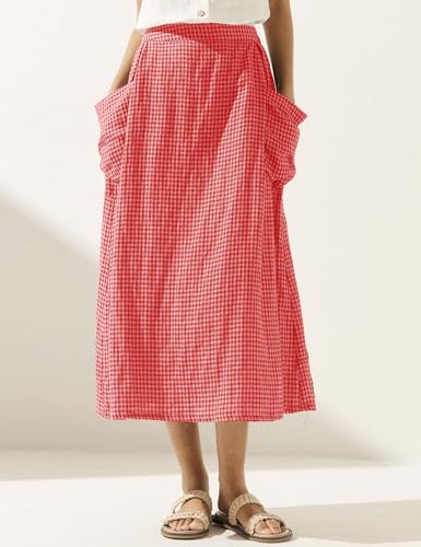 Plaid Skirts for Women Elastic Waist Midi Skirt with Pockets Vintage Flowy Gingham Long Skirt