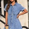 Denim Dress for Women with Pockets Short Sleeve Babydoll Denim Shirt Dresses for Women 2025