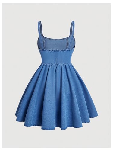Women's Casual Square Neck Denim Dress Ruffle Hem A Line Mini Dress