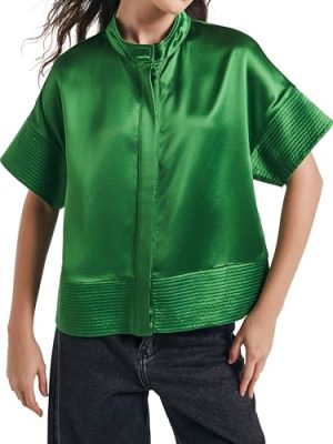 Women's Button Down Shirts Short Sleeve Cropped Dressy Casual Shirts Tops Loose Business Work Blouses