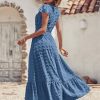 Womens Dresses 2025 Summer Maxi Dress Boho Short Sleeve V Neck Swiss Dot Ruffle Tiered Smocked Flowy Long Dress