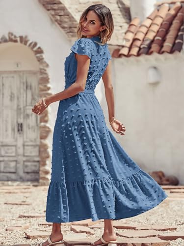 Womens Dresses 2025 Summer Maxi Dress Boho Short Sleeve V Neck Swiss Dot Ruffle Tiered Smocked Flowy Long Dress