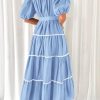 Women's Summer Button Down Shirt Dress Short Puffy Sleeve Tiered Ruffle Flowy Long Maxi Dresses