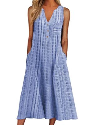 Women Casual Dress Summer Stripe Button V Neck Sleeveless with Pocket Long Dresses Holiday Beach Party Midi Dress