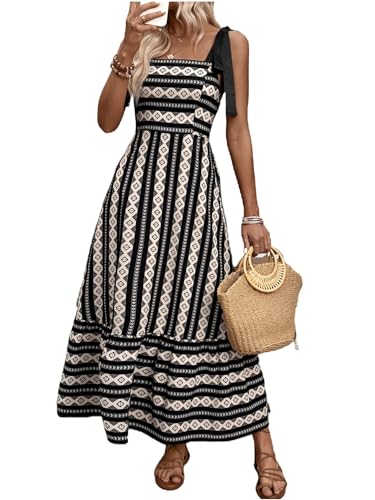Women's Floral Print Tie Strap Square Neck Ruffle Boho Maxi Dress