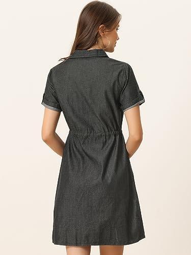 Women's Jean Dress Short Sleeve Tie Waist Casual Button Down Shirt Denim Dresses