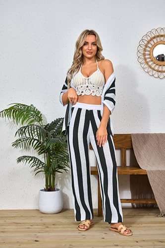 Women's Summer Knit Color Block Two Piece Outfits Button Down Short Sleeved Hollow Out Shirts Long Pants beach Set