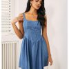 Women's Casual Square Neck Denim Dress Ruffle Hem A Line Mini Dress