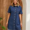 Womens Short Sleeve Denim Dress 2025 Collared Button Front Jean Dresses