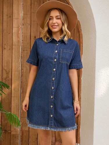 Womens Short Sleeve Denim Dress 2025 Collared Button Front Jean Dresses