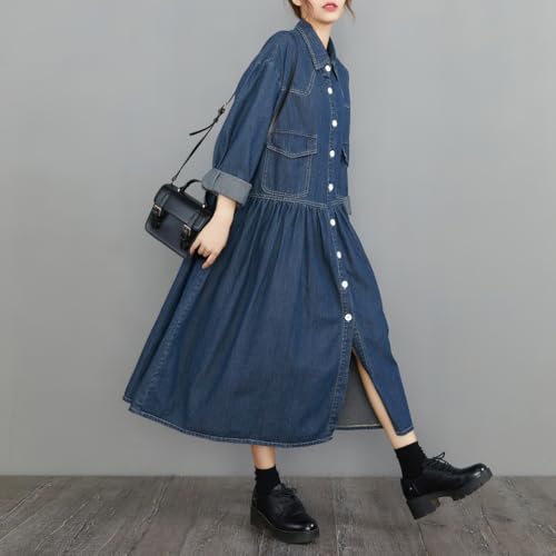 Womens Fall Winter A-Line Long Denim Trench Coat Loose Casual Button Down Maxi Jean Shirt Dress
