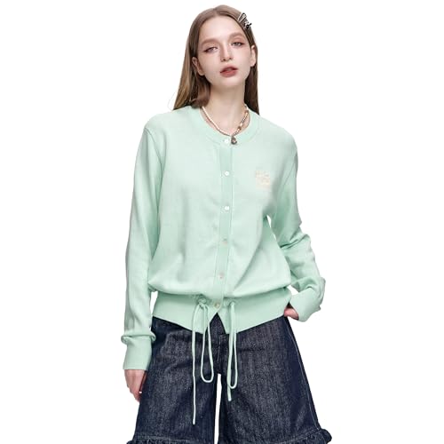 Womens Button-Down Cardigans Knit Stretchy Sweaters Drawstring Lightweight