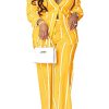 Women's Casual Two Piece Outfits Striped Long Sleeve Collar Button Down Shirt Blouse High Waist Wide Leg Pants Sets