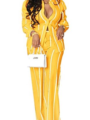 Women's Casual Two Piece Outfits Striped Long Sleeve Collar Button Down Shirt Blouse High Waist Wide Leg Pants Sets