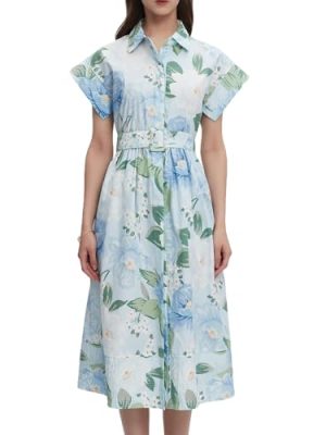 Women Summer Dresses 2025 Casual Wing Short Sleeve Button Down Midi Dress Floral Long Dress with Pocket