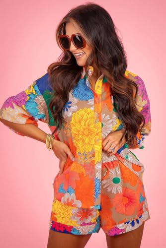 Women's Summer 2 Piece Outfits Print Button Down Shirt Shorts Pockets Long Sleeve Beach Vacation Going Out Outfits