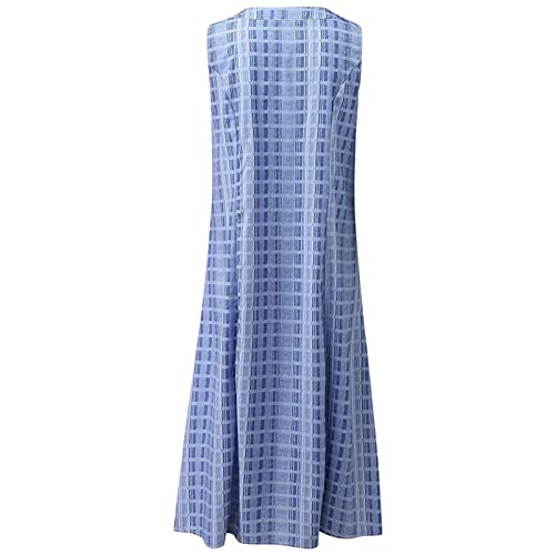 Women Casual Dress Summer Stripe Button V Neck Sleeveless with Pocket Long Dresses Holiday Beach Party Midi Dress