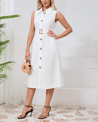 Women's Button Down Shirt Dress Sleeveless Collared A-line Maxi Dress with Belt