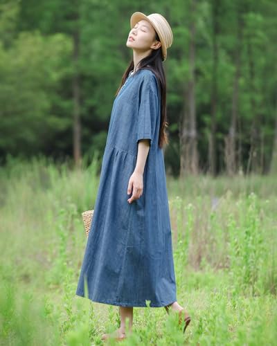 Flower Pattern Casual Denim Dress Blue Short Sleeved Patch Medium Long Robe Loose Fit