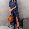 Women's Summer Cotton Half Sleeves Button Down Casual Loose Slit Midi Dress with Pockets
