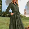 Womens Long Sleeve Dresses 2025 Fall Maxi Casual V Neck Belted Button Down Wedding Guest Shirt Dress with Pockets