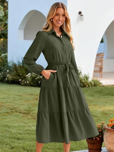 Womens Long Sleeve Dresses 2025 Fall Maxi Casual V Neck Belted Button Down Wedding Guest Shirt Dress with Pockets