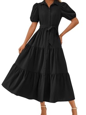 Womens Summer Dresses 2025 Short Sleeve Maxi Dress Casual V Neck Button Down Tiered A Line Flowy Midi Shirt Dress