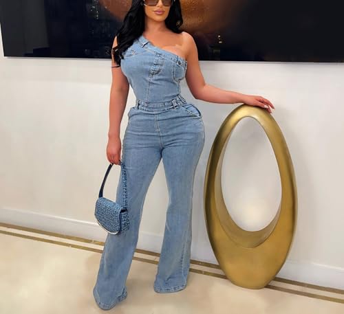 Women Trendy Asymmetric One Piece Bodycon Denim Romper Sexy Slim Jean Jumpsuit Oversize Fascinating Stretch Pants