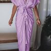 Women Elegant Satin Button Down Short Sleeve Maxi Shirt Dress with Belt