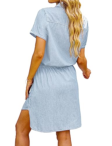 Women Casual Denim Dress Short Sleeve Tie Waist Classic Jean Shirt Dress