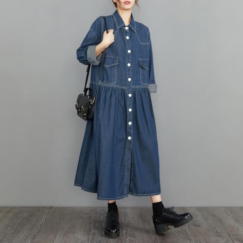 Womens Fall Winter A-Line Long Denim Trench Coat Loose Casual Button Down Maxi Jean Shirt Dress