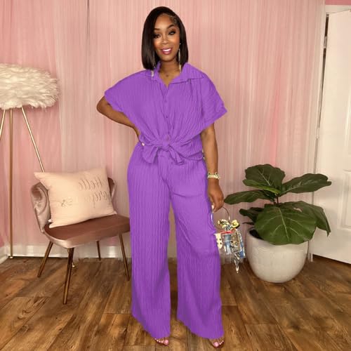 Casual Two Piece Set for Women - Button Down Shirt and Wide Leg Pants Matching Set Tracksuits