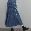 Womens Fall Winter A-Line Long Denim Trench Coat Loose Casual Button Down Maxi Jean Shirt Dress