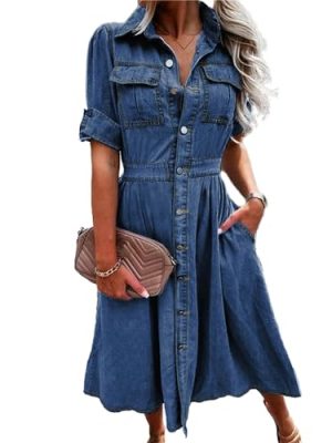 Women Denim Shirt Dress V Neck Short Sleeve Long Bottom Down A-Line Jeans Dresses with Pockets