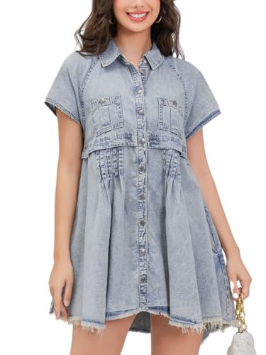 Womens Denim Dress Babydoll Short Sleeve Distressed Loose Button Down Casual Jean Shirt Dress