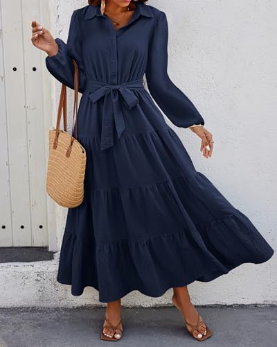 Women's Long Sleeve Dress 2025 Button Down Belted A-Line Flowy Fall Outfits Ruffle Maxi Holiday Party Dresses